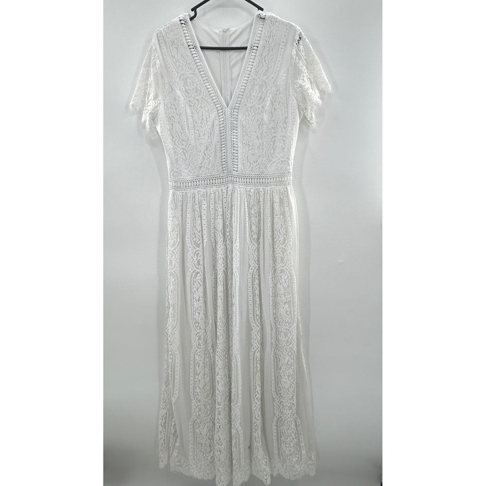 White Lace Boho Maxi Dress Cottagecore Romantic Bridal Style Long Dress Medium - Picture 2 of 9
